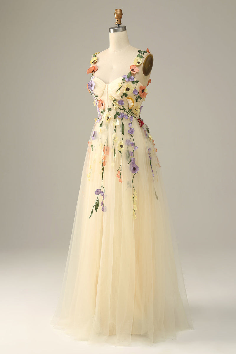 Load image into Gallery viewer, Champagne Spaghetti Straps Prom Dress With 3D Flowers