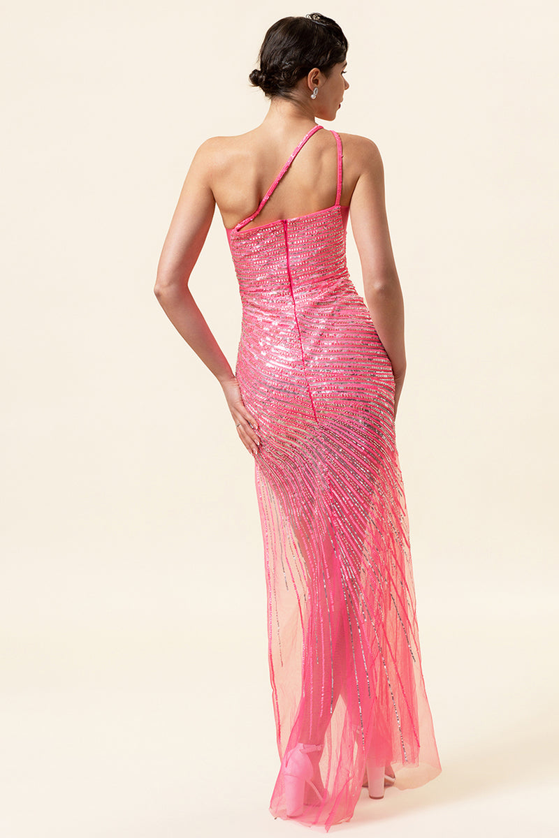 Load image into Gallery viewer, Sparkly Pink Beaded Long Prom Dress with Slit