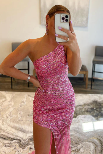 Sparkly Fuchsia One Shoulder Sequins Long Prom Dress with Slit