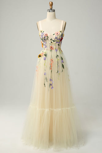 A Line Spaghetti Straps Champagne Long Prom Dress with Appliques