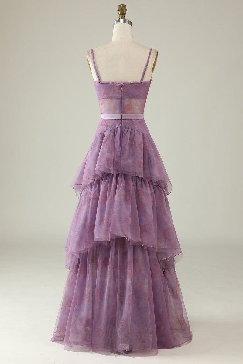 Load image into Gallery viewer, Purple Printed A Line Corset Prom Dress