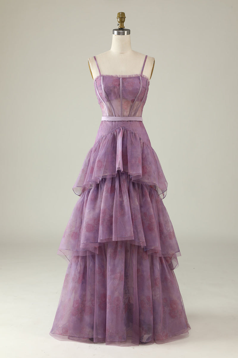 Load image into Gallery viewer, Purple Printed A Line Corset Prom Dress