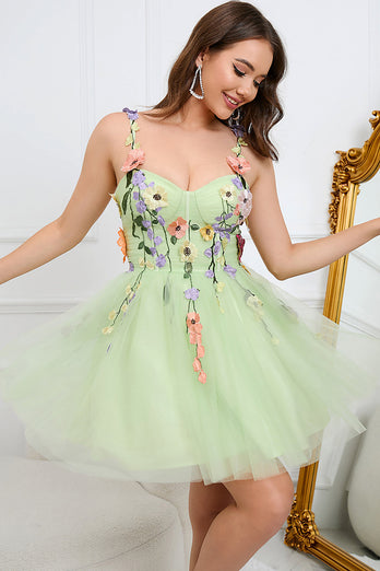 A Line Spaghetti Straps Champagne Short Homecoming Dress with Appliques