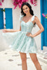 Load image into Gallery viewer, Cute A Line Spaghetti Straps Blue Printed Short Homecoming Dress