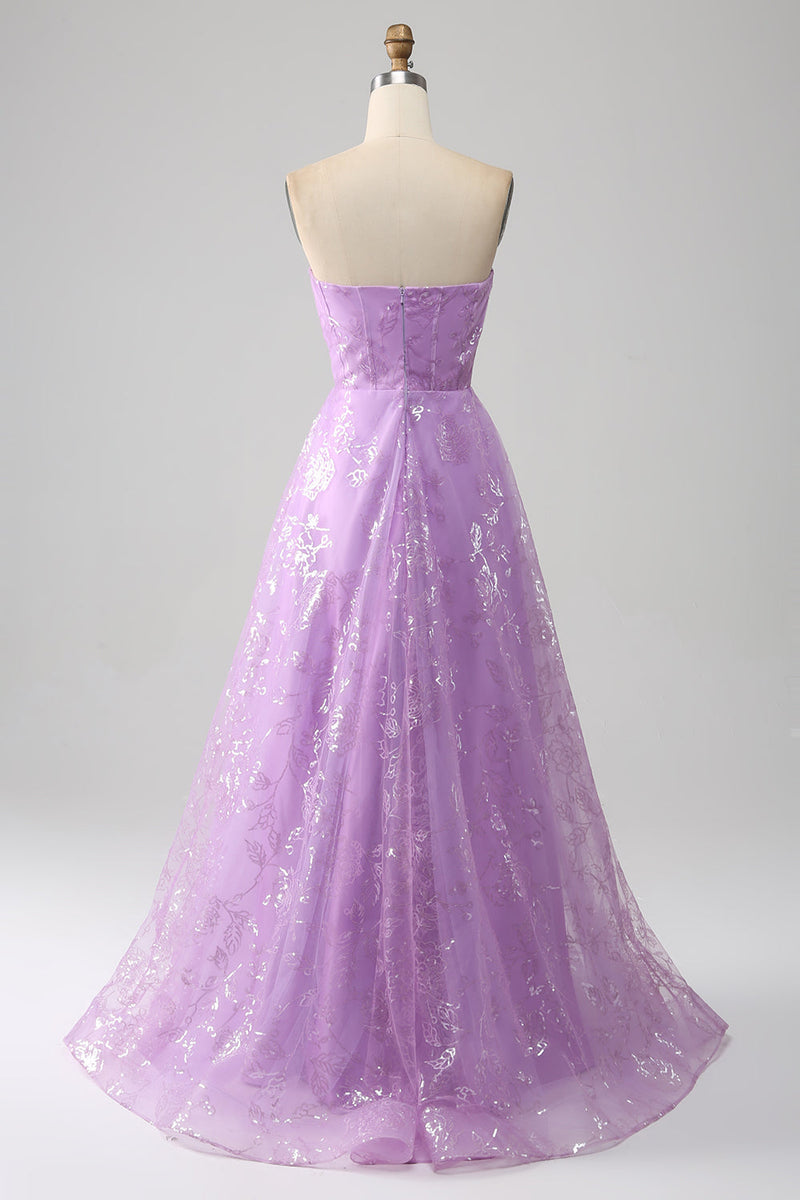 Load image into Gallery viewer, Lilac A Line Strapless Sparkly Sequin Long Prom Dress