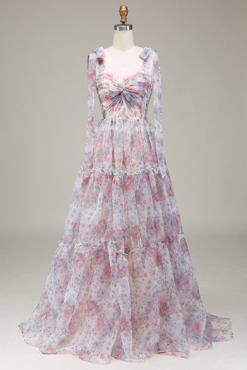 Load image into Gallery viewer, A-Line Spaghetti Straps Lilac Flower Printed Prom Dress