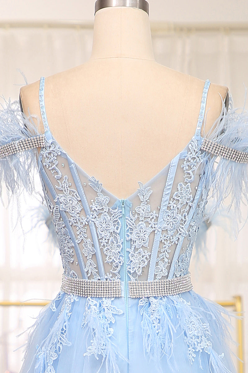 Load image into Gallery viewer, Light Blue A Line Appliqued Long Corset Prom Dress With Feathers