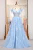 Load image into Gallery viewer, Light Blue A Line Appliqued Long Corset Prom Dress With Feathers