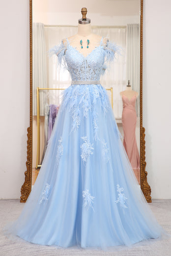Light Blue A Line Appliqued Long Corset Prom Dress With Feathers