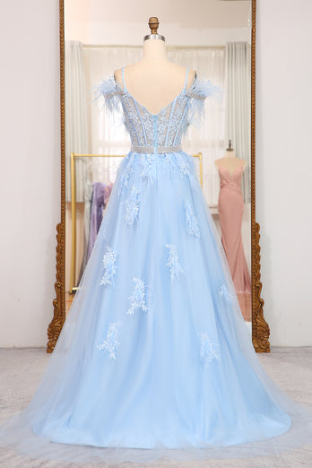 Light Blue A Line Appliqued Long Corset Prom Dress With Feathers