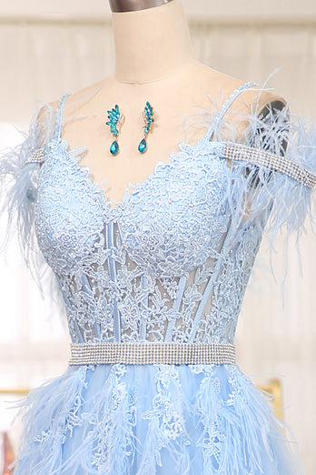 Light Blue A Line Appliqued Long Corset Prom Dress With Feathers