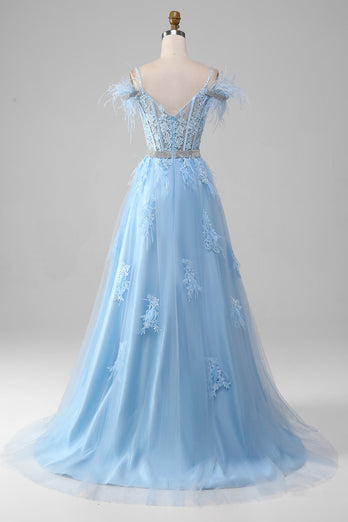 Light Blue A-Line Rhinestones Accents Corset Prom Dress With Appliques