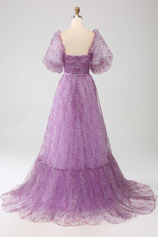 A-Line Square Neck Purple Corset Prom Dress with Half Sleeves