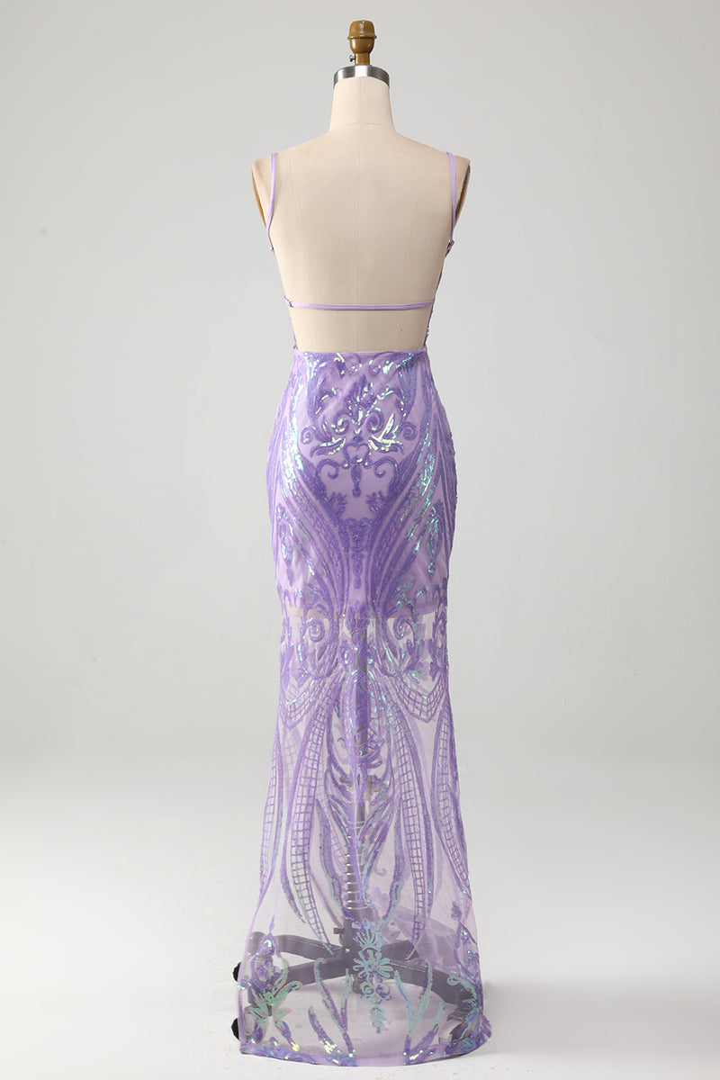 Load image into Gallery viewer, Light Purple Backless Prom Dress with Sequins