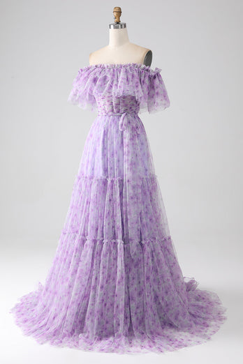 Lilac Floral Off the Shoulder Long Ruffled Prom Dress