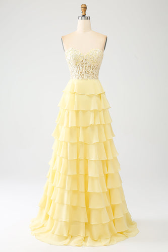 Yellow Sweetheart Tiered Prom Dress