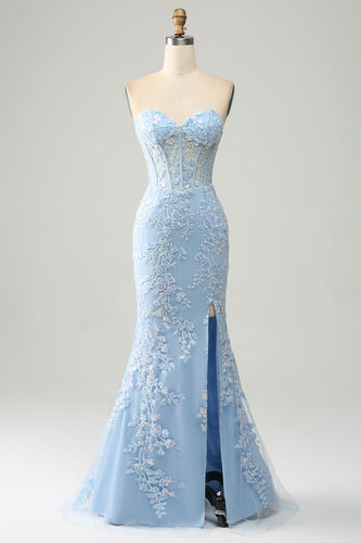 Light Blue Mermaid Sweetheart Corset Appliques Prom Dress With Side Slit