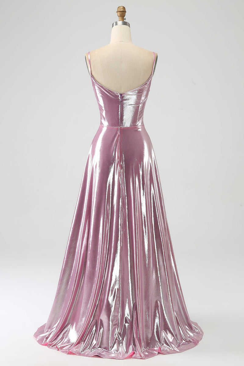 Load image into Gallery viewer, Stunning A Line Spaghetti Straps Pink Long Prom Dress with Split Front