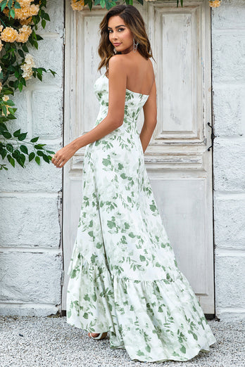 Green Asymmetrical Printed Long Prom Dress with Strapless