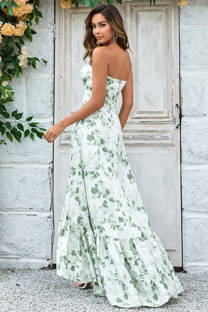 Load image into Gallery viewer, Green Asymmetrical Printed Long Prom Dress with Strapless