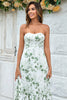 Load image into Gallery viewer, Green Asymmetrical Printed Long Prom Dress with Strapless