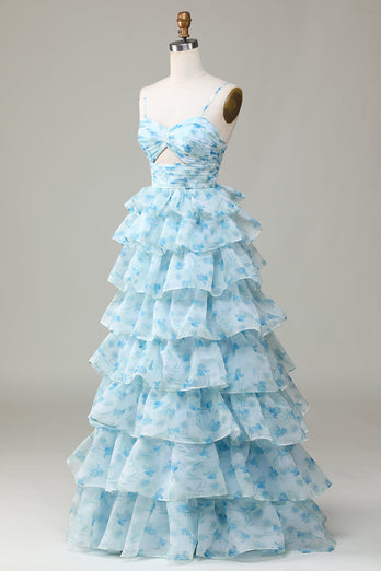 Spaghetti Straps Cut Out Tiered Blue Long Prom Dress