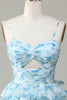 Load image into Gallery viewer, Spaghetti Straps Cut Out Tiered Blue Long Prom Dress