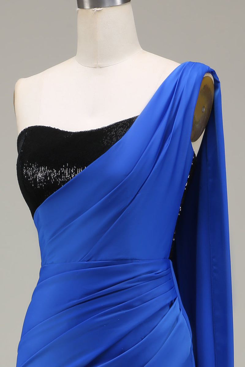 Load image into Gallery viewer, Royal Blue One Shoulder Satin and Sequin Mermaid Pleated Prom Dress with Slit