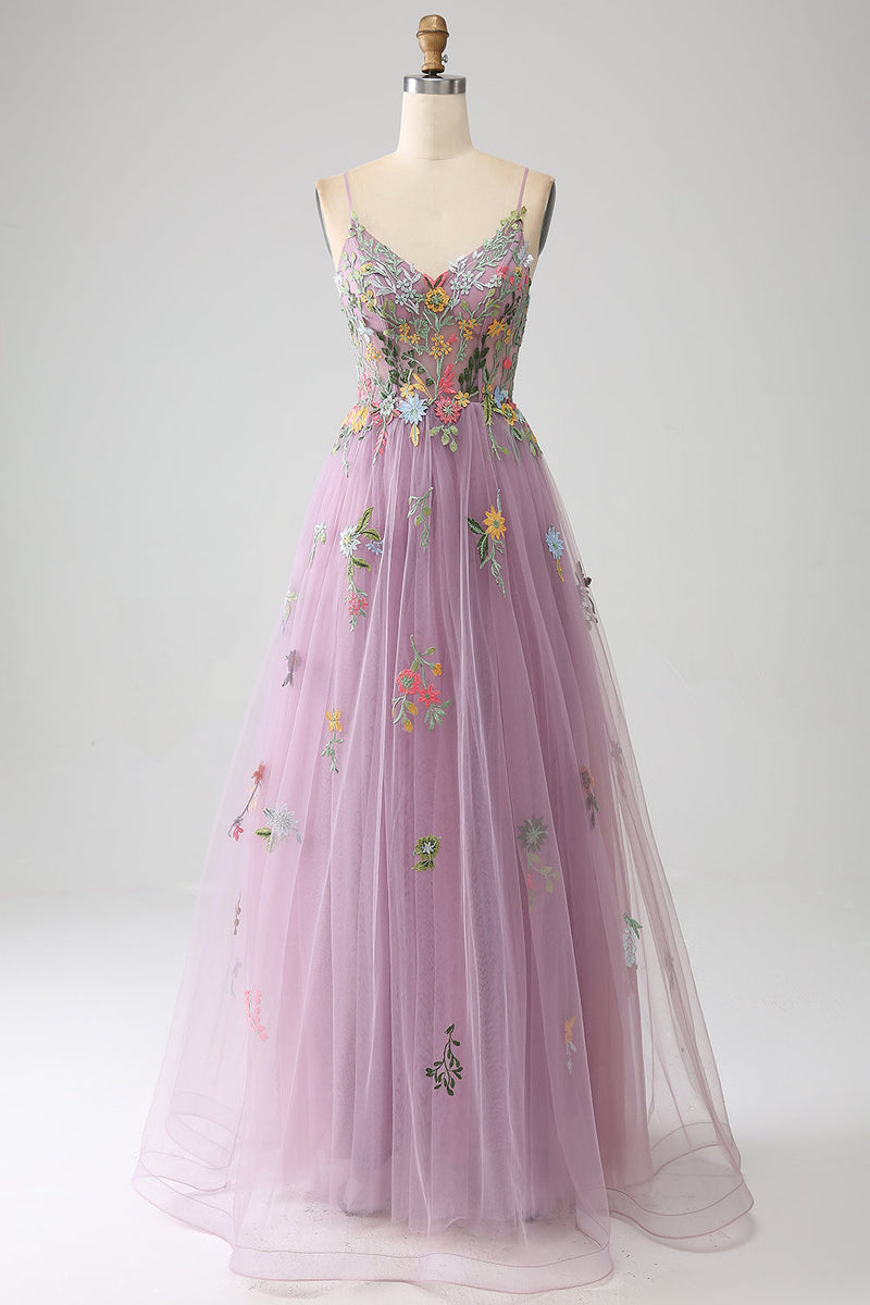 Load image into Gallery viewer, Mauve A-Line Spaghetti Straps Tulle Long Prom Dress With Embroidery