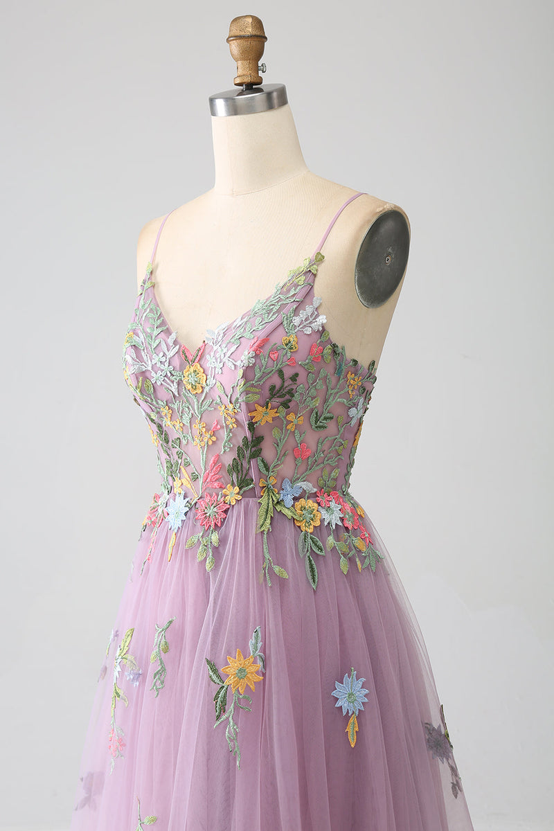 Load image into Gallery viewer, Mauve A-Line Spaghetti Straps Tulle Long Prom Dress With Embroidery