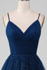 Load image into Gallery viewer, Navy Ball-Gown V-Neck Long Beaded Tulle Prom Dresses With Pleated