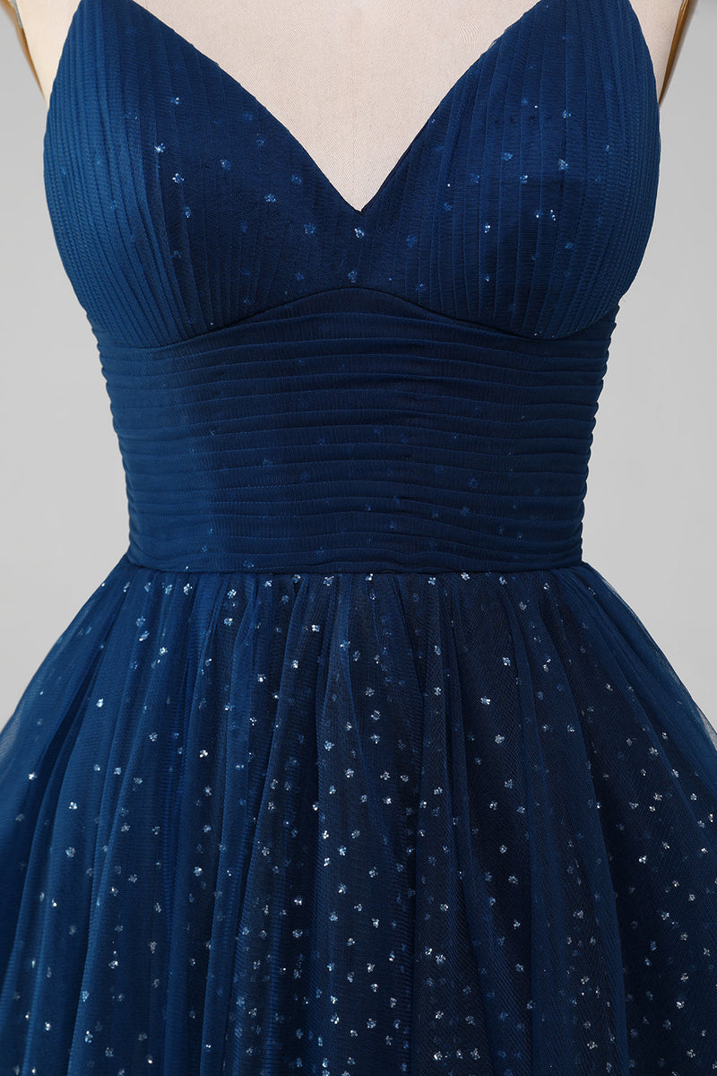 Load image into Gallery viewer, Navy Ball-Gown V-Neck Long Beaded Tulle Prom Dresses With Pleated