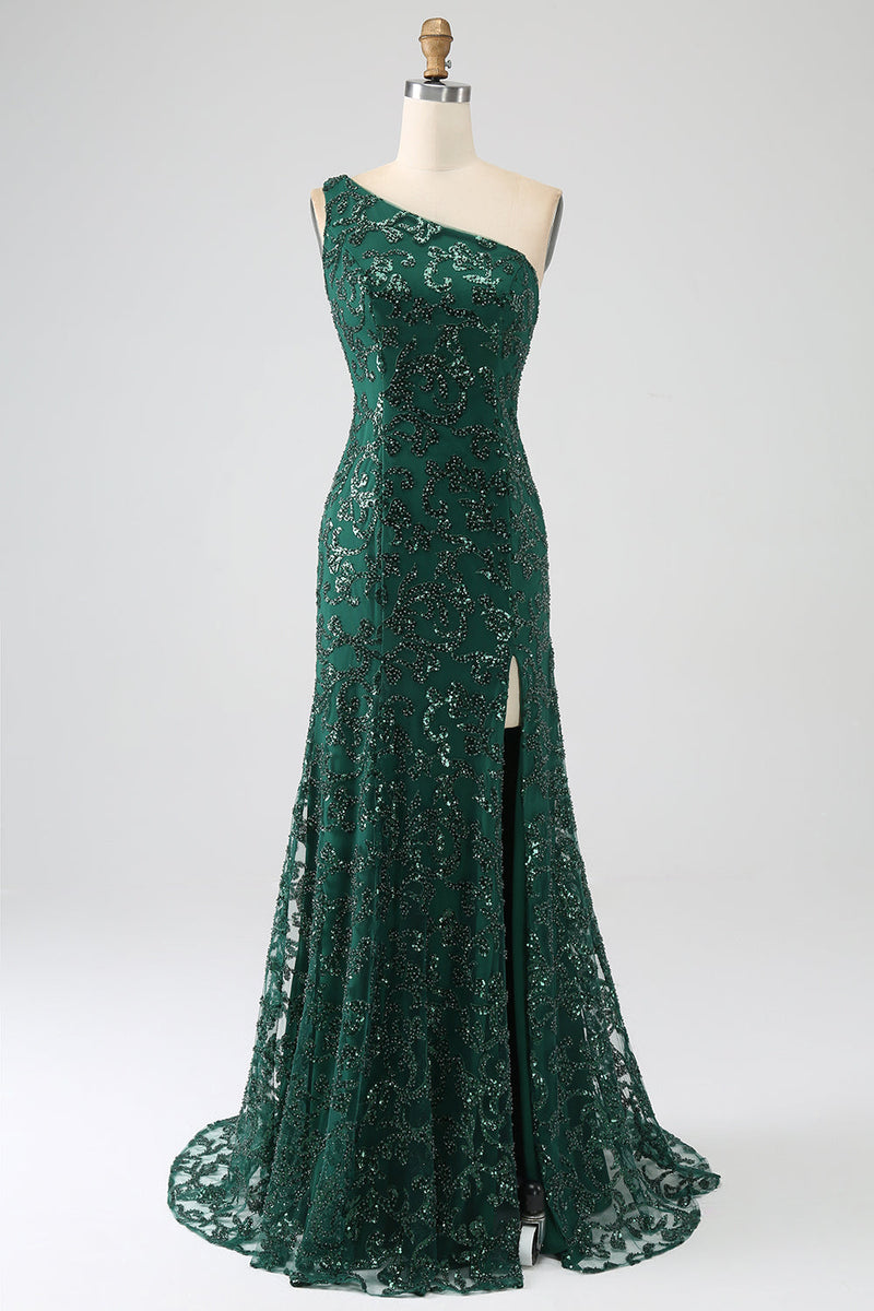 Load image into Gallery viewer, Sparkly Dark Green Beaded Long Mermaid Lace Prom Dress with Slit