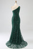 Load image into Gallery viewer, Sparkly Dark Green Beaded Long Mermaid Lace Prom Dress with Slit