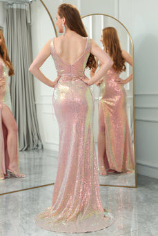 Sparkly Blush Mermaid Sequined V Neck Long Prom Dress With Slit