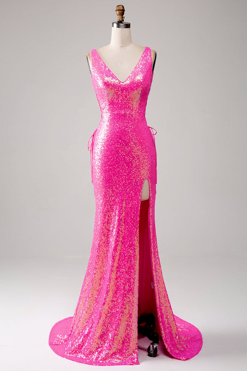 Load image into Gallery viewer, Sparkly Hot Pink Mermaid Prom Dress with Slit