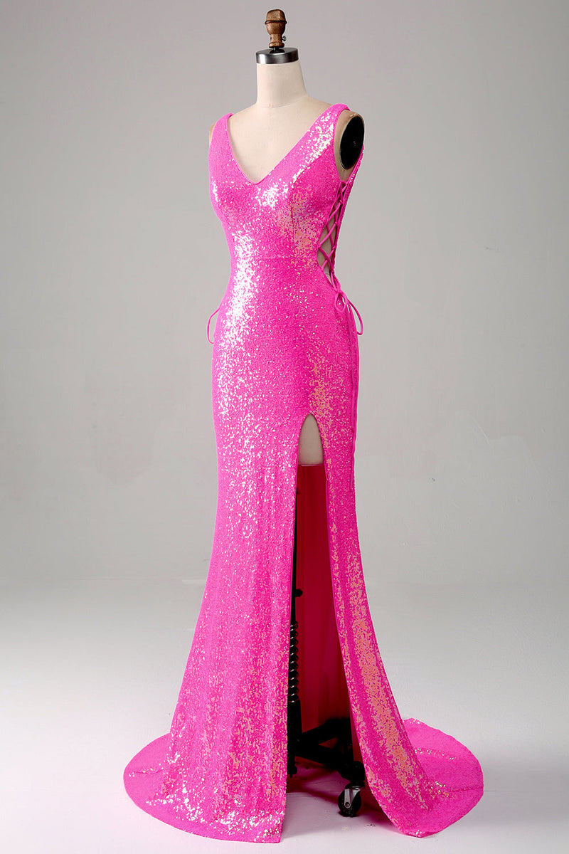 Load image into Gallery viewer, Sparkly Hot Pink Mermaid Prom Dress with Slit