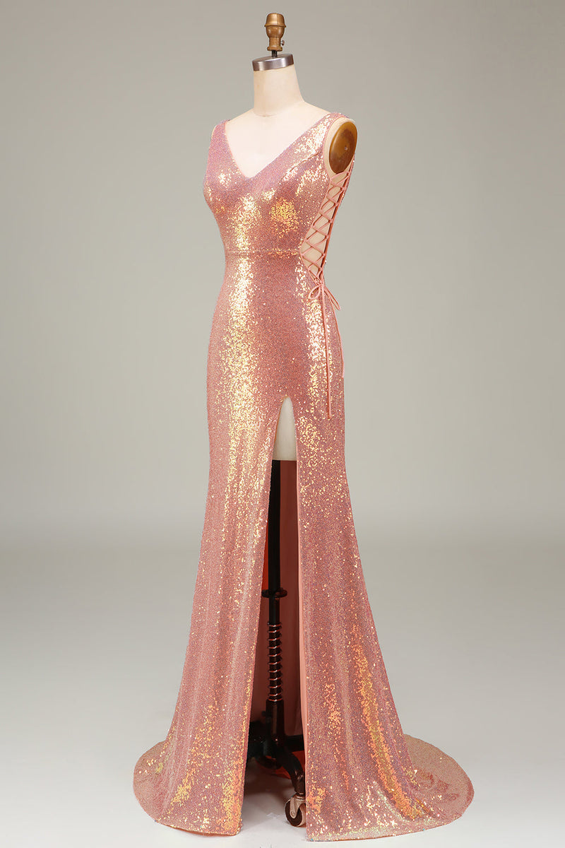 Load image into Gallery viewer, Sparkly Hot Pink Mermaid Prom Dress with Slit