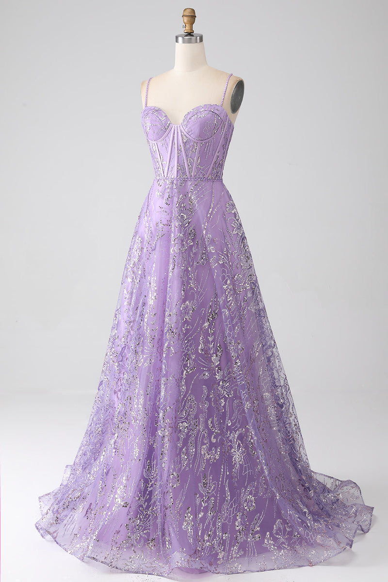 Load image into Gallery viewer, A-Line Spaghetti Straps Lilac Corset Prom Dress with Sequins