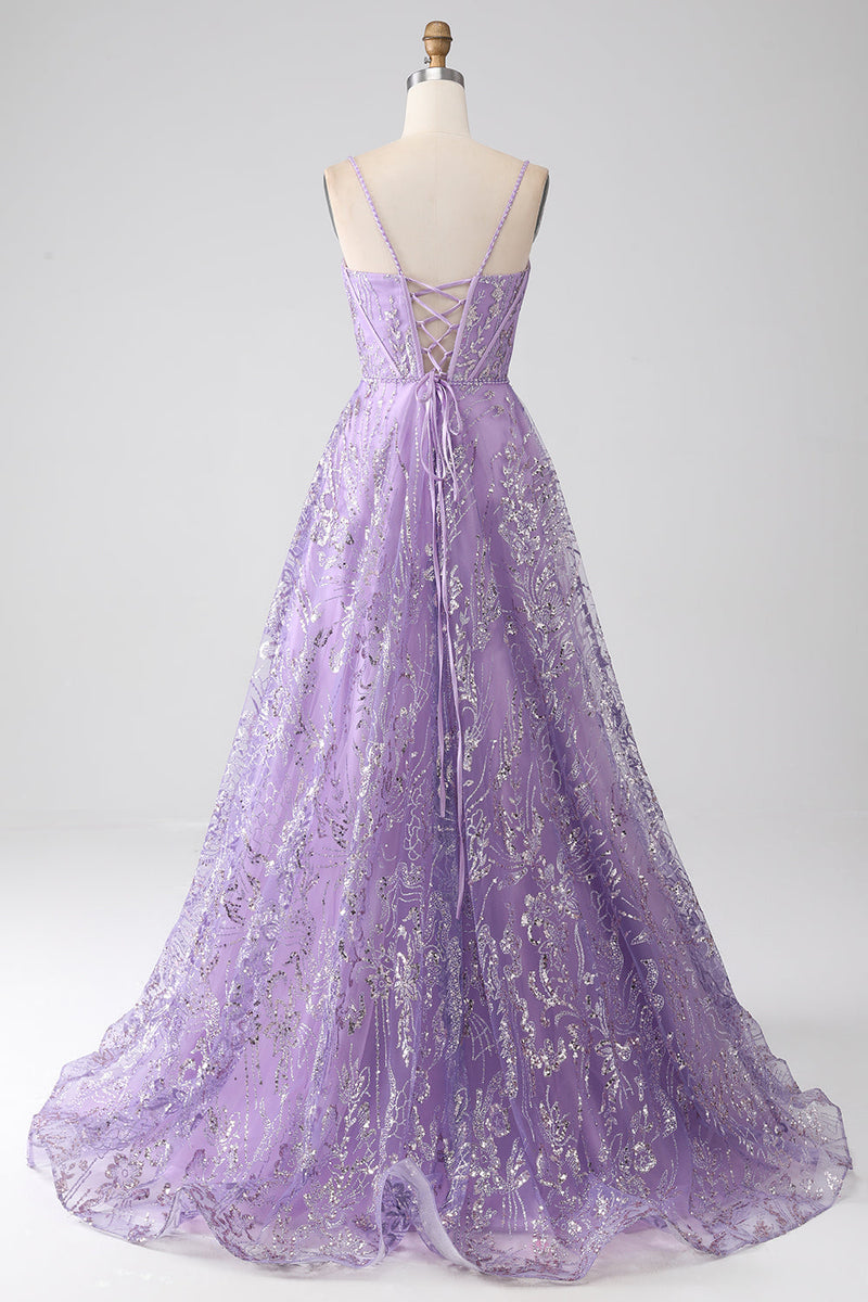 Load image into Gallery viewer, A-Line Spaghetti Straps Lilac Corset Prom Dress with Sequins