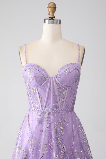 A-Line Spaghetti Straps Lilac Corset Prom Dress with Sequins