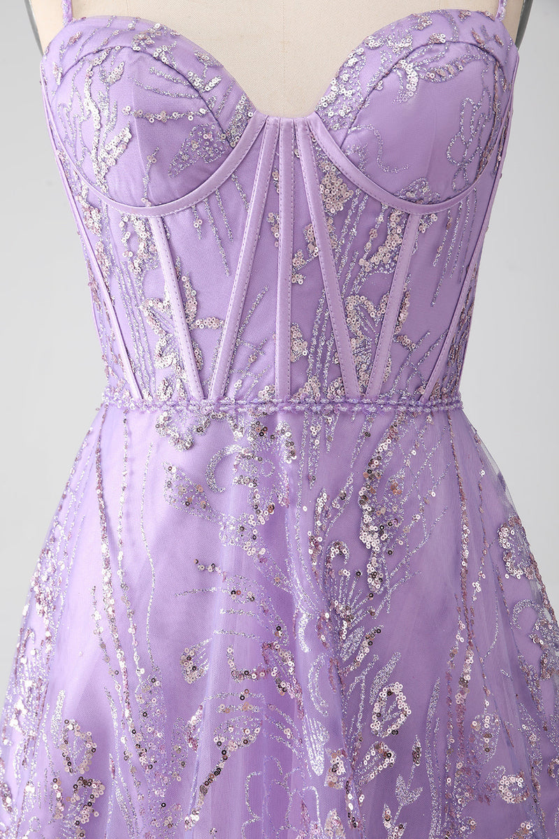 Load image into Gallery viewer, A-Line Spaghetti Straps Lilac Corset Prom Dress with Sequins