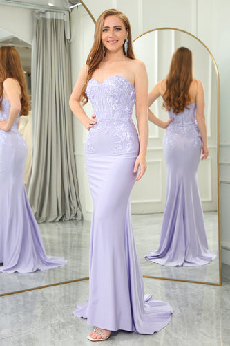 Lilac Mermaid Strapless Long Corset Prom Dress With Appliques