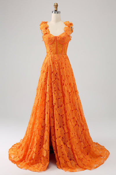 Orange A-Line Floral Lace Long Prom Dress