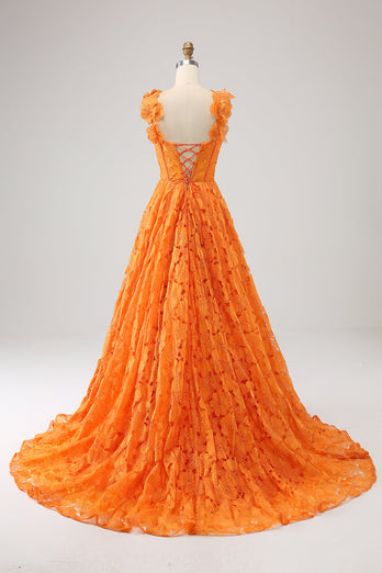 Orange A-Line Floral Lace Long Prom Dress