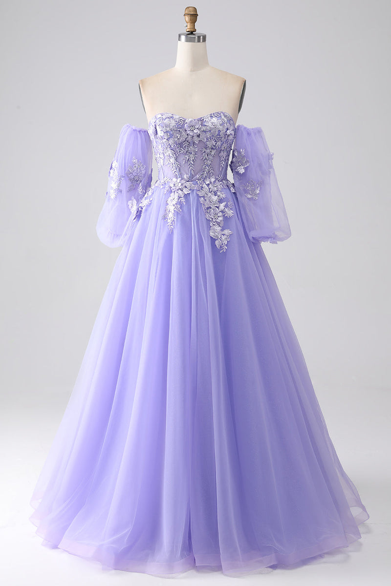 Load image into Gallery viewer, Lavender A-Line Strapless Tulle Long Prom Dress with Sleeves