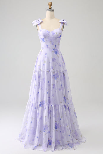 Lilac Corset Floral A-Line Long Prom Dress