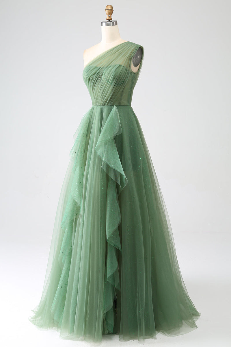 Load image into Gallery viewer, Dark Green Tulle A-Line One-Shoulder Long Prom Dress