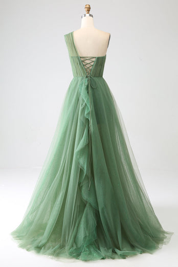 Dark Green Tulle A-Line One-Shoulder Long Prom Dress