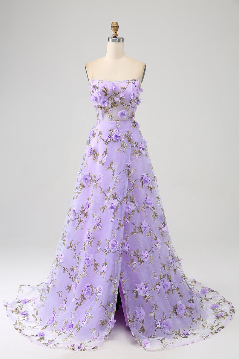 Load image into Gallery viewer, Lilac A-Line Spaghetti Straps Long Prom Dress with 3D Flowers